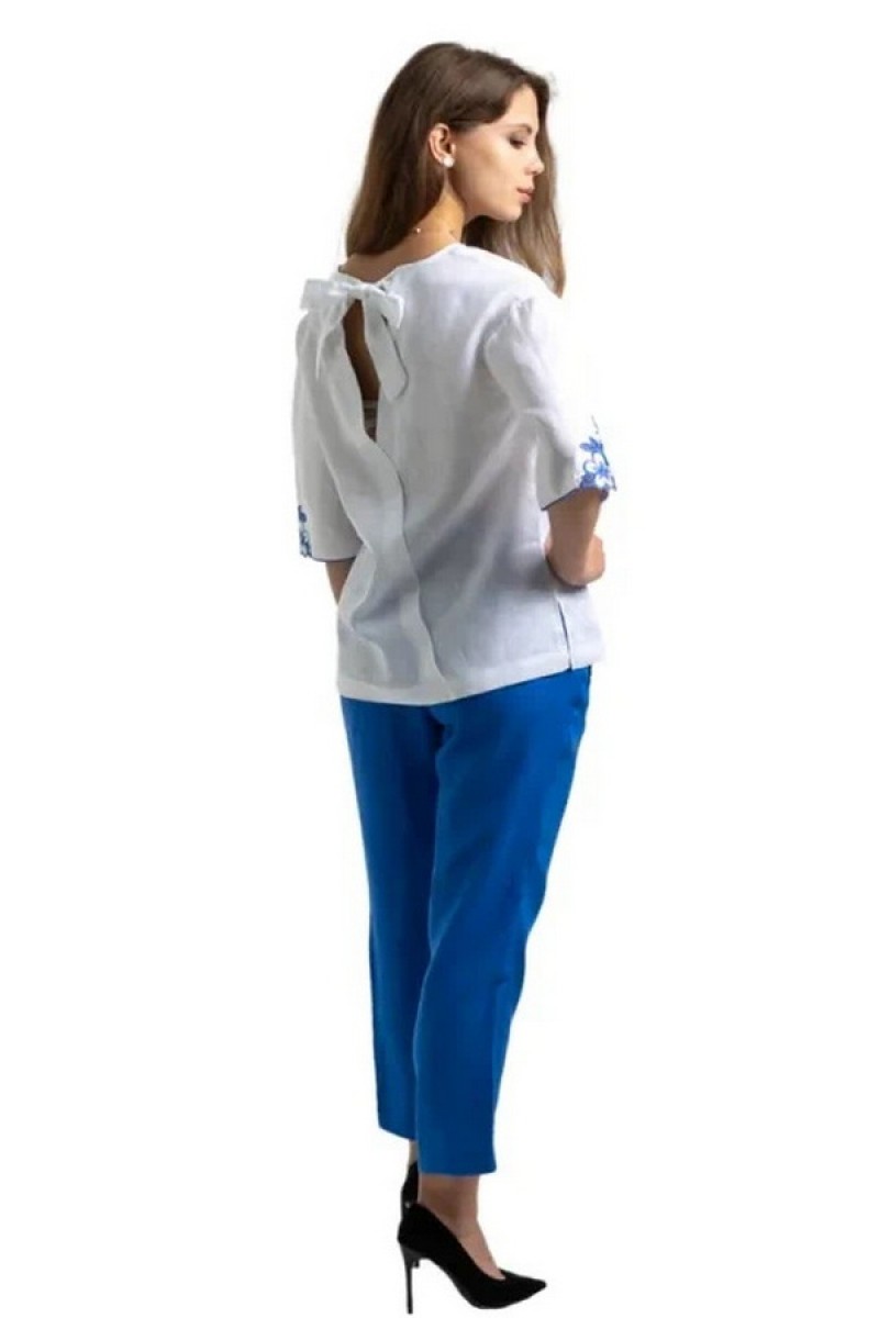 White linen blouse with blue embroidery Thea