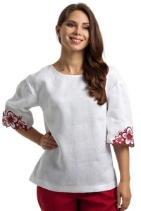 Біла льняна блузка з вишневою вишивкою Тея