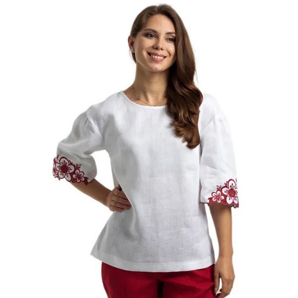 White linen blouse with cherry embroidery Teia