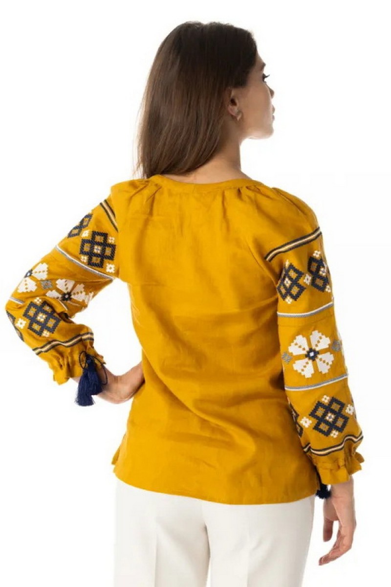 Женская вышиванка Стеша, горчичный лен, XL