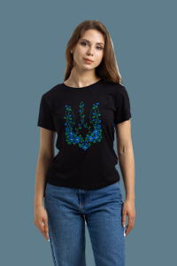 Patriotic black embroidered T-shirt with a trident flower.