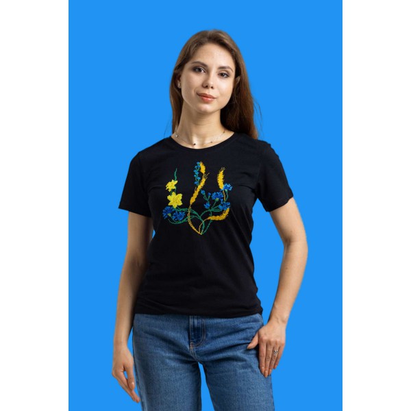 Patriotic black t-shirt with embroidered trident and ears of wheat.