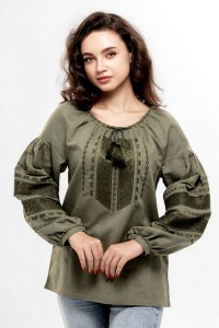 Women's khaki embroidered shirt "Rose", mesh on the net