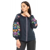 Women's dark blue embroidered shirt with voluminous sleeves Veselina