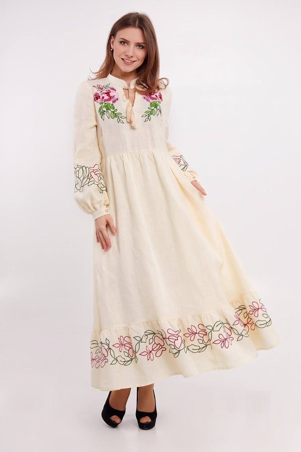 Women's long dress with embroidery Peony cream