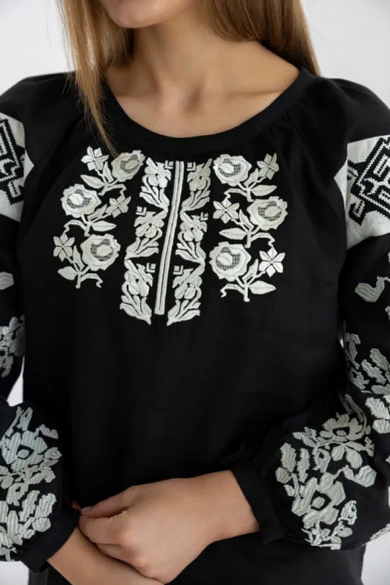 Черная вышиванка для женщин Стефания, 100% лен, XL