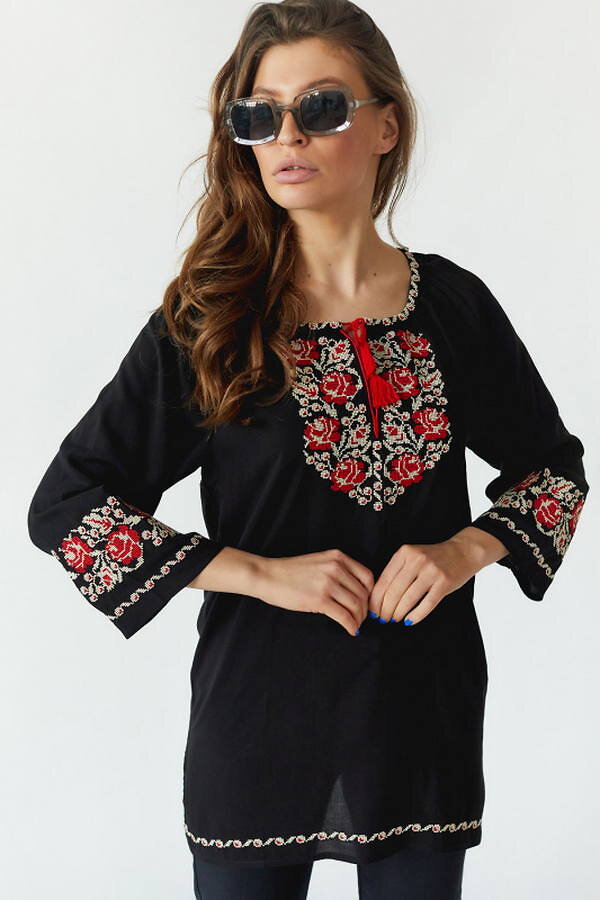 Women's embroidered shirt "Rose Dewdrops" black