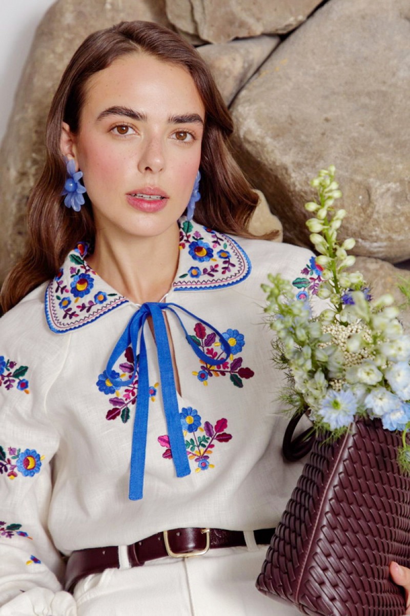 Milk embroidered shirt with blue trim, Yavorivska
