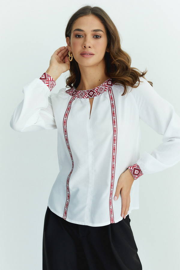 White women's blouse with embroidery Protective necklace