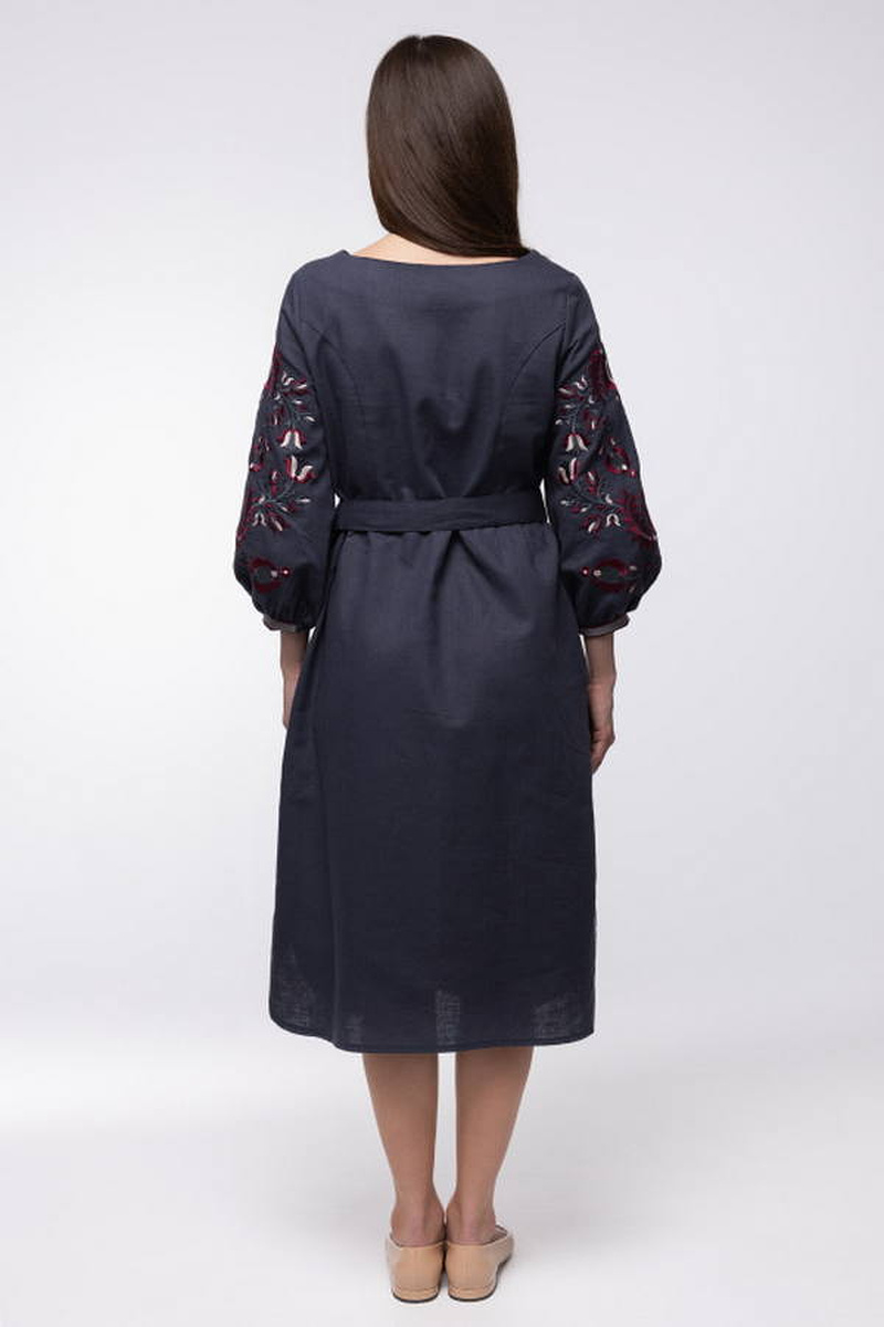 Women's embroidered linen dress with Kozachka embroidery graphite