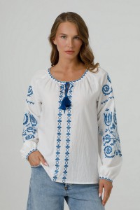 White vyshyvanka with blue ornament, Tsvitana (crinkled batiste, white)