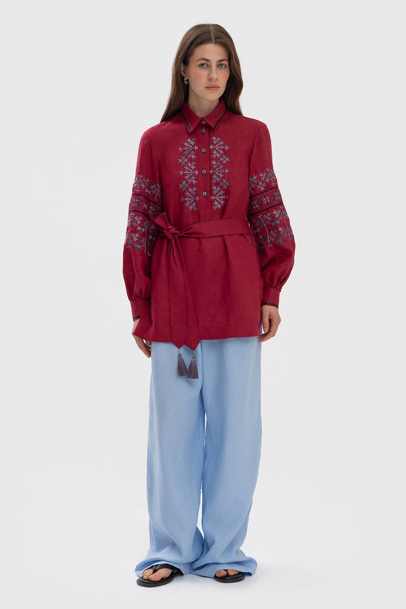 Women's Poltava-style burgundy vyshyvanka with dark embroidery