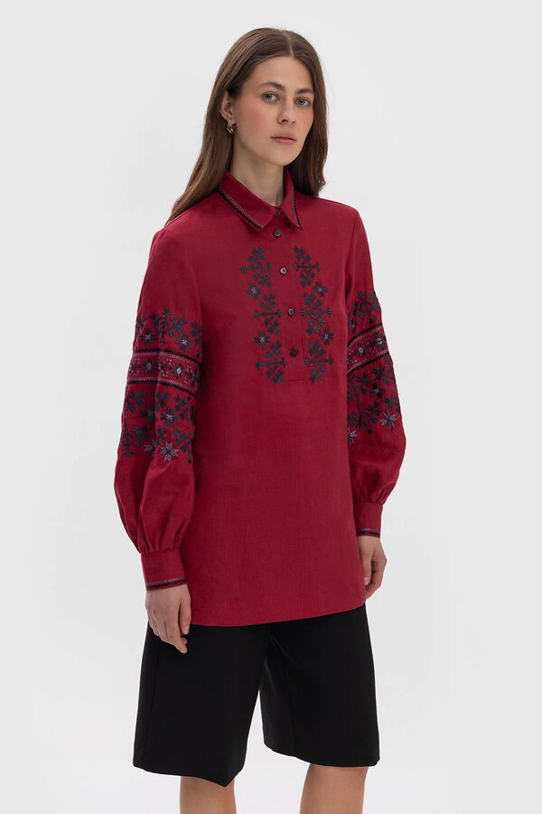Women's Poltava-style burgundy vyshyvanka with black embroidery 