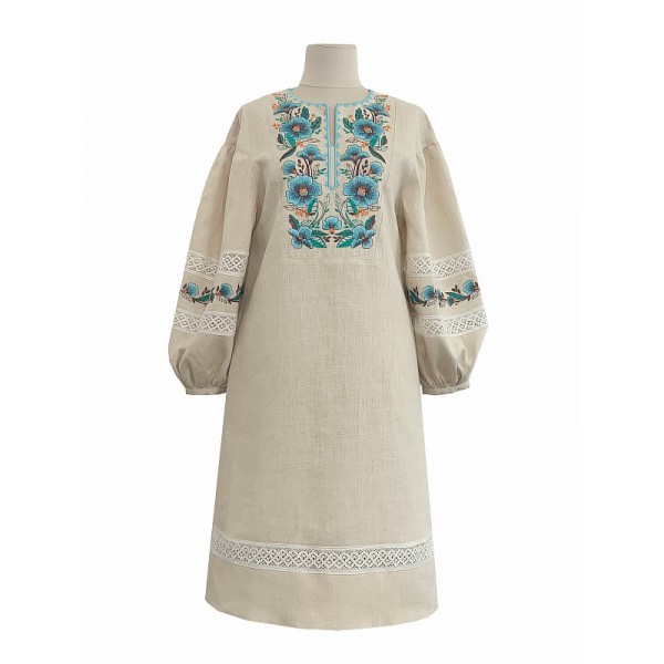 Areta gray long embroidered linen dress