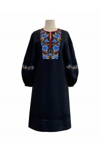 Areta black long embroidered linen dress