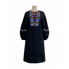 Areta black long embroidered linen dress