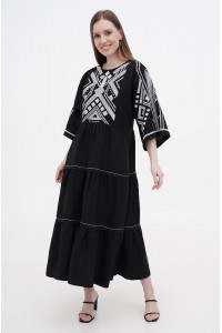 Long black linen dress with new Boyana embroidery