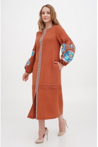 Сукня лляна довга вишиванка коречневв ОльгаLong linen dress embroidered with brown Olga.