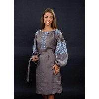 Sofia, brown gray embroidered linen dress