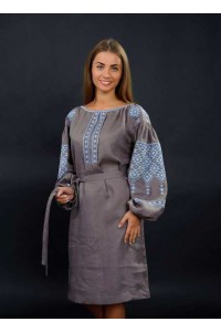 Sofia, brown gray embroidered linen dress