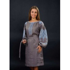Sofia, brown gray embroidered linen dress