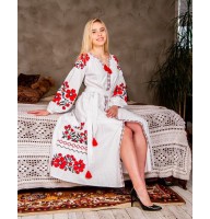 Parisian bouquet, white dress with red embroidery