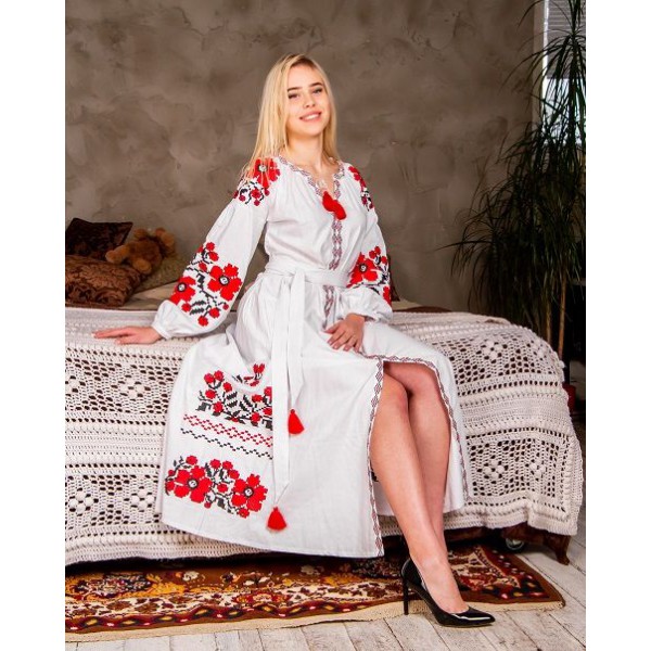 Parisian bouquet, white dress with red embroidery