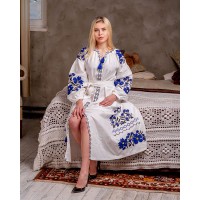 Купити Parisian bouquet, white dress with blue embroidery  в Крамниці вишитого одягу