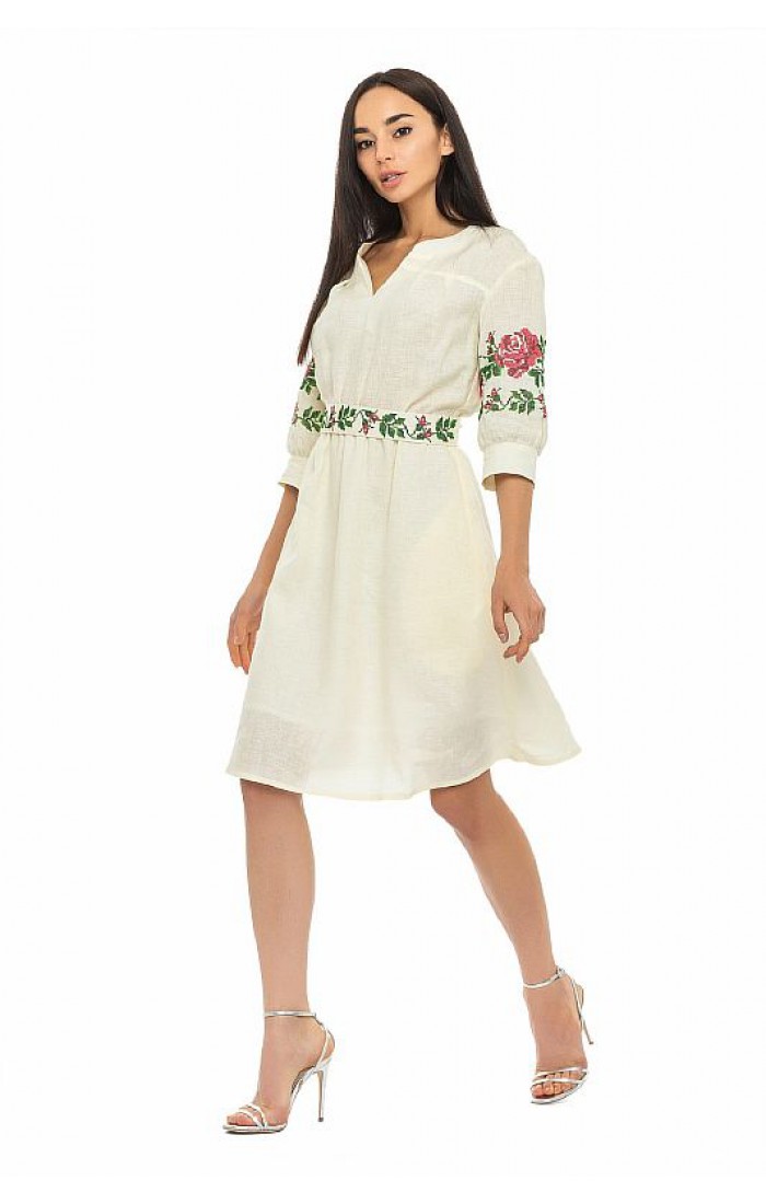 Marie, women's embroidered linen dress