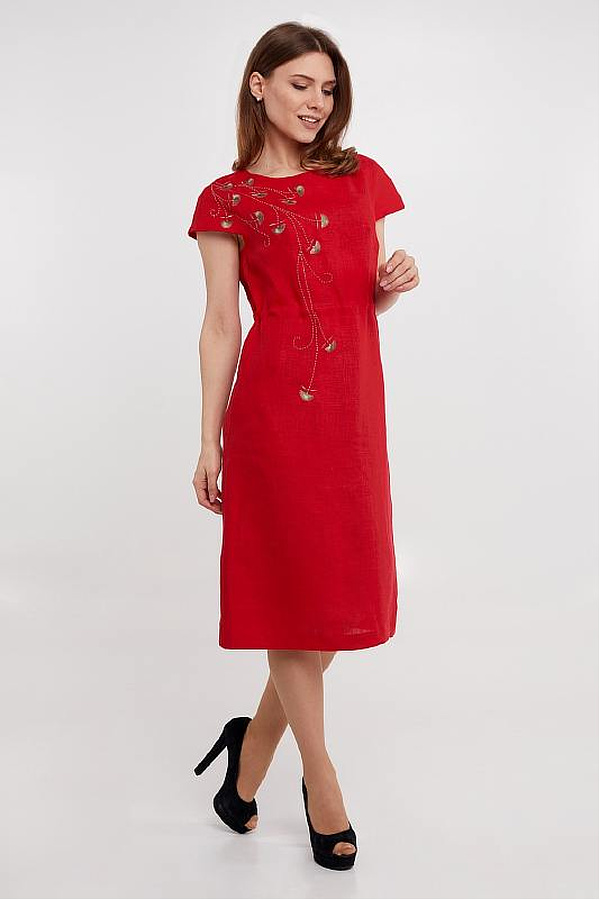 Velina women's embroidered dress red linen