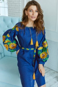 Sunflowers, embroidered linen dress, embroidered shirt, blue color