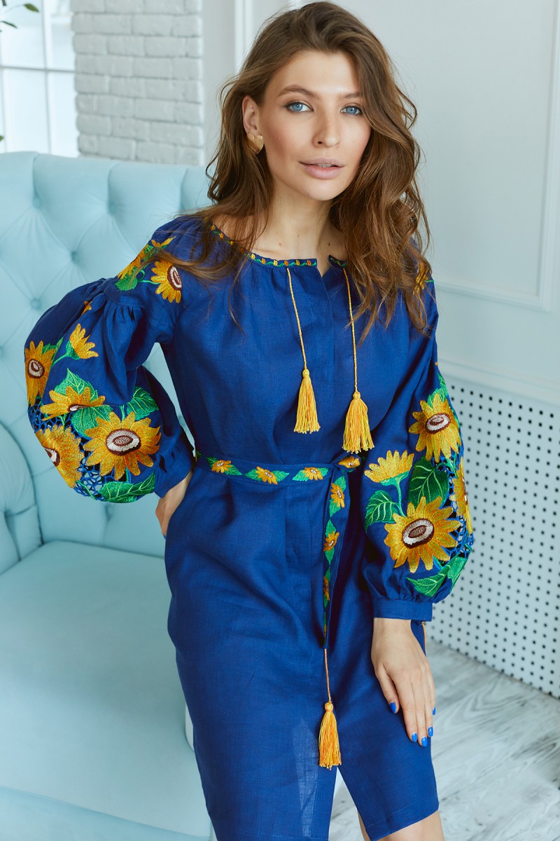 Sunflowers, embroidered linen dress, embroidered shirt, blue color