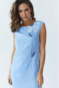 Oriental flower, sleeveless dress, blue linen