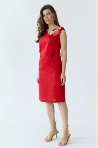 Oriental flower, sleeveless dress, red linen