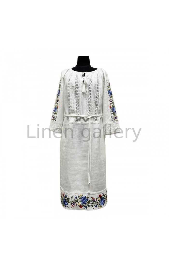 Orzhitsia, linen dress with pockets, decorated with lace and embroidery, white linen
