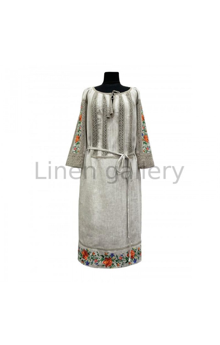 Vyrlytsia, linen dress with pockets, decorated with netting and embroidery, gray linen