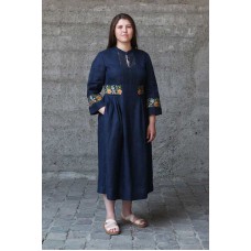 Susanna, long embroidered dress made of linen, embroidered shirt, blue color