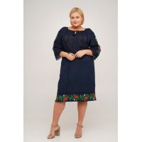 Купити Vyrlytsia, linen dress with pockets, decorated with netting and embroidery, dark blue linen  в Крамниці вишитого одягу