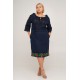 Orzhitsia, linen dress with pockets, decorated with netting and embroidery, dark blue linen