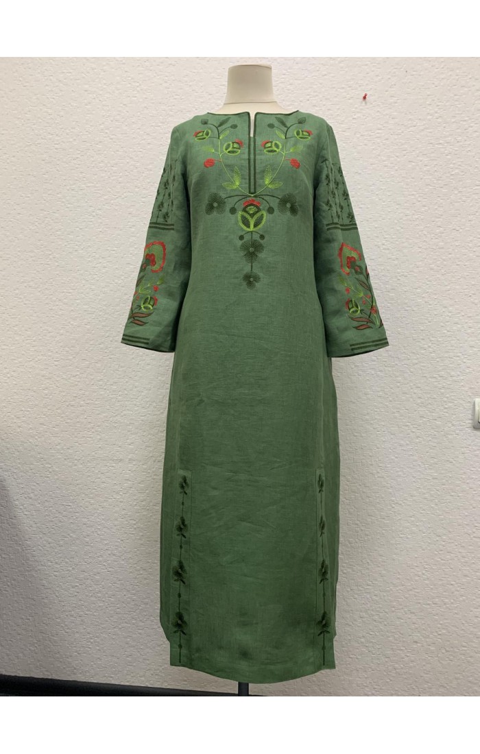 Стефания, платье вышиванка, зеленый лен