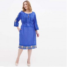 Оржиця, сукня лляна з кишенями, прикрашена мережкою та вишивкою, синій льон
