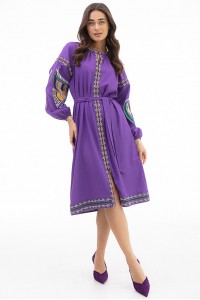 Птахи, сукня-вишиванка з довгим рукавом, фіолетова