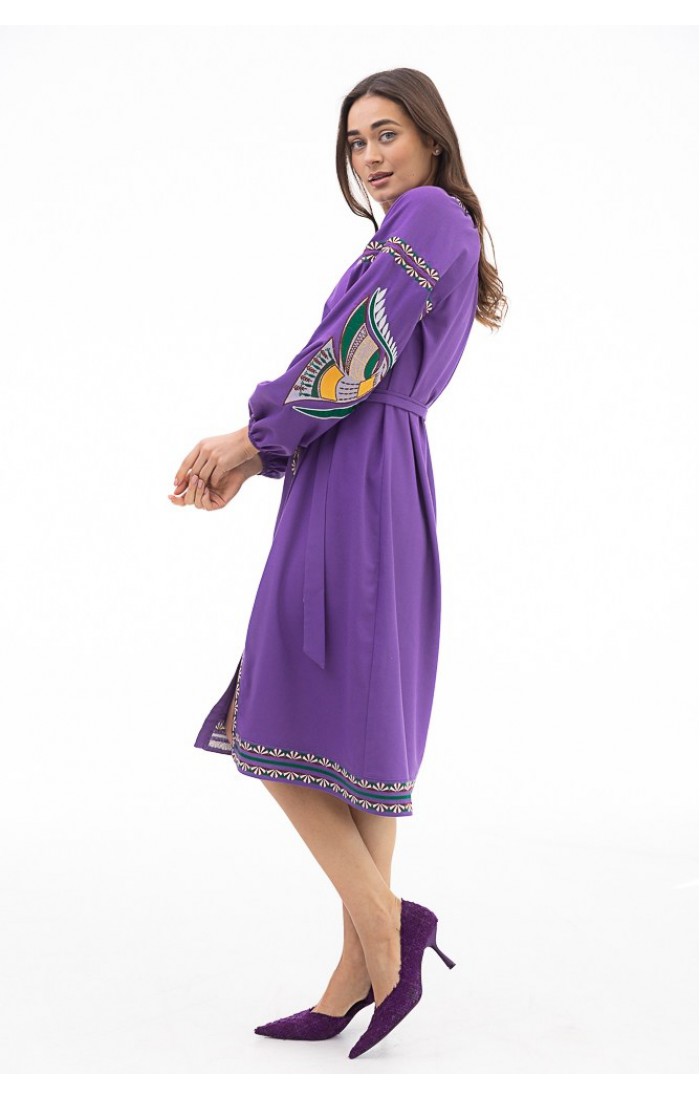 Birds, embroidered dress with long sleeves, purple