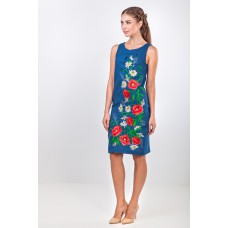 Ромашковое поле, платье вышиванка женское синее с коротким рукавом