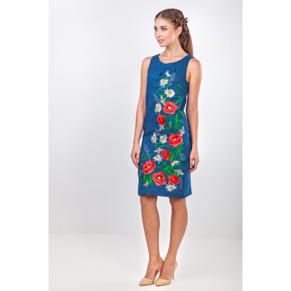 Chamomile field, women's embroidered blue dress with short sleeves