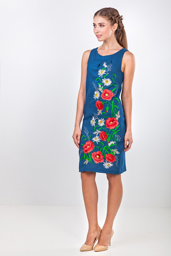 Chamomile field women's embroidered blue dress with short sleeves