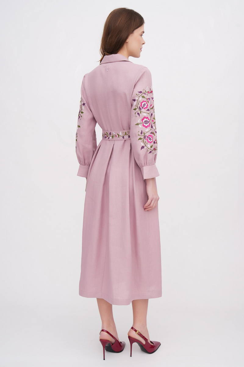 Festive pink linen dress with embroidery "Pelagia" 2