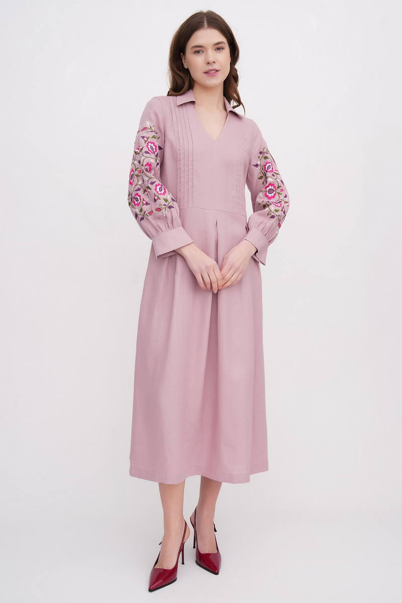 Festive pink linen dress with embroidery "Pelagia" 