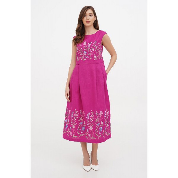 Long pink linen dress embroidered with Vitalina