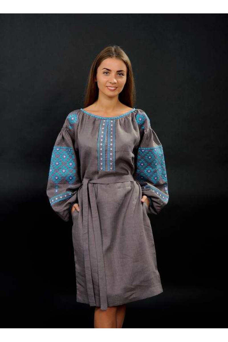 Sofia, brown gray embroidered linen dress